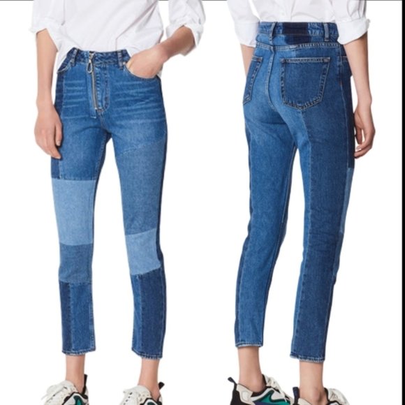 Sandro‎ Paris Crop Patchwork denim Jeans Exposed Zipper Size 38 EU
